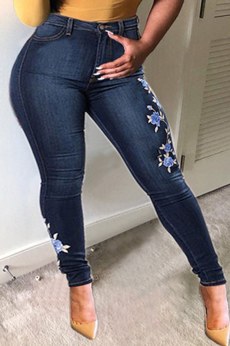 Jeans jeans azul escuro moda com bordado de rua, cintura alta, cintura alta
