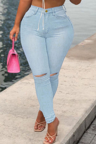 Jeans jeans de cintura alta rasgado e azul bebê fashion street