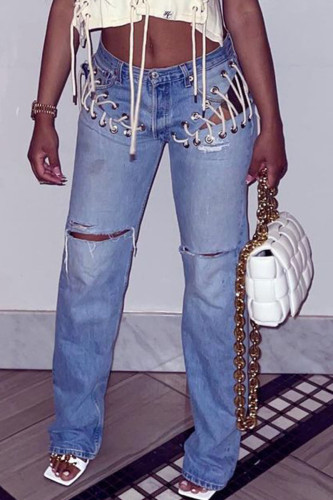 Jeans jeans reto azul sexy Street sólido vazado com juntas divididas frênulo cintura média