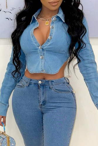 Giacca di jeans regolare a maniche lunghe con colletto rovesciato senza schienale con fasciatura solida casual sexy azzurra