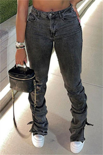 Jeans jeans casual moda casual com fenda sólida e cintura alta regular