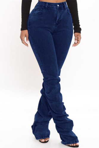 Mörkblått Mode Casual Solid Vik Hög Midja Vanliga denim jeans