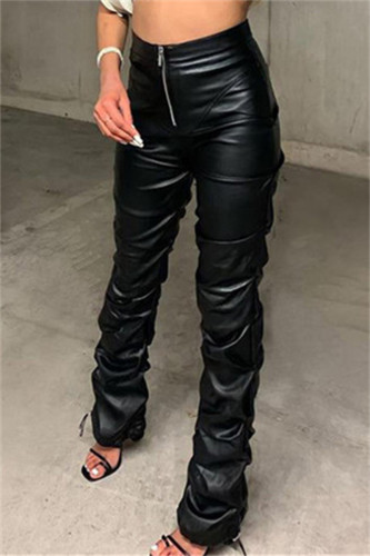 Calças de cintura alta pretas moda casual sólidas juntas divididas
