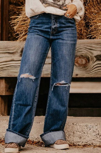 Mörkblått Mode Casual Solid Ripped High Waist Raight Denim Jeans
