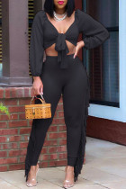 Black Sexy Solid Tassel Bandage Split Joint V Neck Long Sleeve Two Pieces