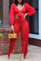 Red Sexy Solid Tassel Bandage Split Joint V Neck Long Sleeve Two Pieces
