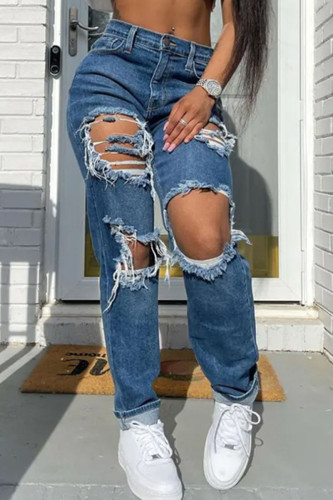 Mörkblå Street Solid Ripped Split Led Hög midja raka jeans jeans