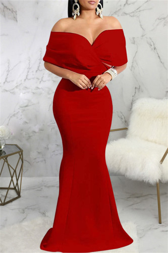 Röd Mode Sexig Solid Backless V-hals Aftonklänning