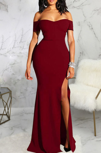 Vinröd Mode Sexig Solid Rygglös Aftonklänning med slits av axeln