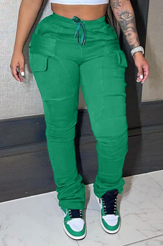 Calças de retalhos de retalhos de lápis de cintura alta verde casual sólida bolso comum