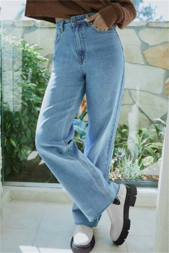 Jeans dritti in denim a vita alta, casual, casual, alla moda, azzurri