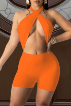 Orange Sexig Solid urholkad rygglös rem Design Grimma Skinny Romper