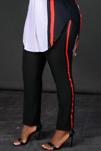 Calças pretas moda casual listradas com juntas divididas regulares cintura alta