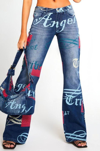 Deep Blue Street Print Split Led High Waist Boot Cut Denim Jeans