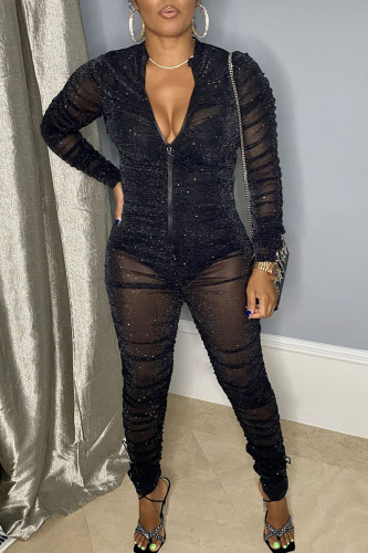 Black Sexy Solid Split Joint See-through Fold Zipper Collar Regular Jumpsuits (Two Pieces)