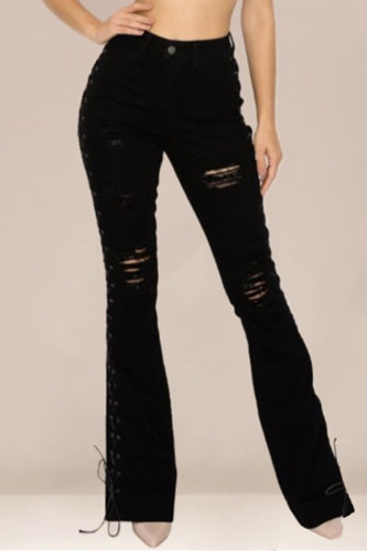 Jeans in denim normale a vita alta con fasciatura strappata casual alla moda nera