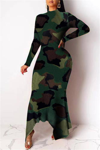 Vestidos de manga comprida com estampa casual moda camuflagem assimétrica gola alta