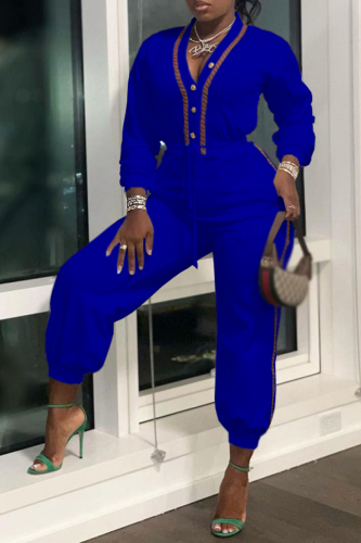 Blue Casual Solid Draw String V Neck Harlan Jumpsuits