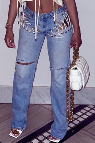 Jeans in denim normale a vita media con fasciatura strappata casual alla moda blu bambino