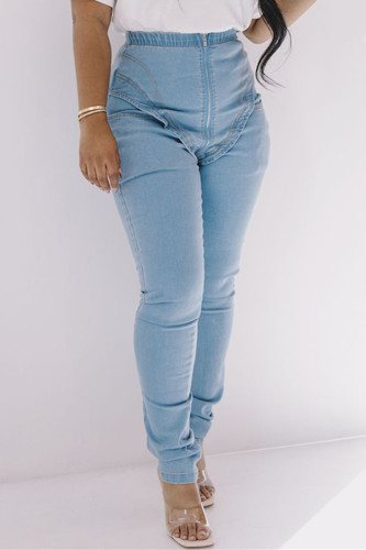 Babyblått Mode Casual Solid Split Led Hög midja Vanliga jeans jeans