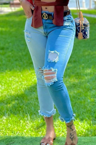 Jeans jeans azul casual sólido rasgado make old split joint cintura alta
