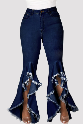 Jeans jeans azul escuro fashion casual sólido com fenda dupla cintura alta regular