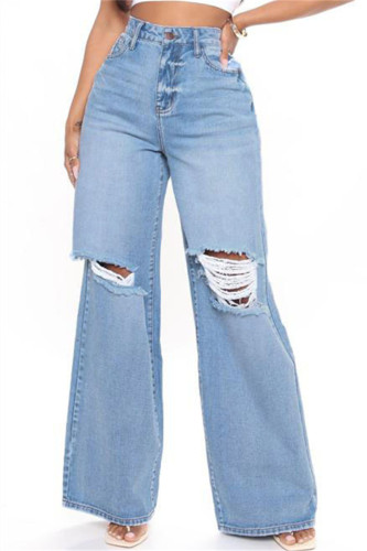 Blå Mode Casual Solid Basic Hög midja Vanliga denim jeans