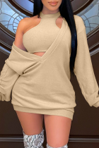 Khaki Sexy Hollowed Out O Neck Long Sleeve Two Pieces
