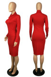 Red Casual Solid Patchwork Turtleneck Pencil Skirt Dresses