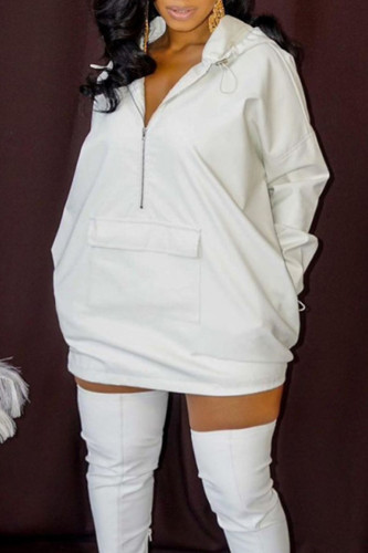 Vestidos Casuais Brancos Sólidos Divididos Bolso com Zíper com Capuz Manga Longa Plus Size