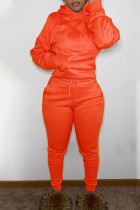 Tangerine Red Casual Solid Split Joint Hooded Collar Long Sleeve Two Pieces