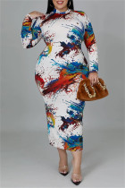 Färg Mode Casual Print Basic O-hals långärmade klänningar i plusstorlek (utan bälte)