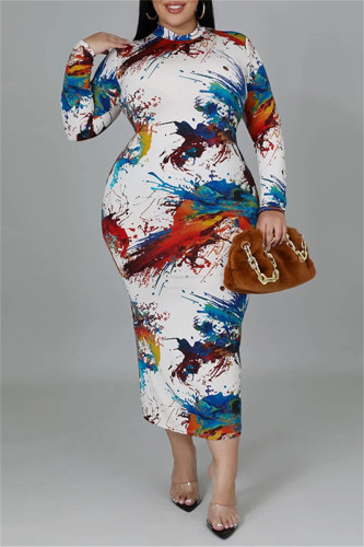 Vestidos coloridos moda casual com estampa básica decote oco manga longa plus size (sem cinto)