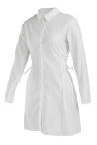White Fashion Casual Solid Bandage Turndown Collar Shirt Dress