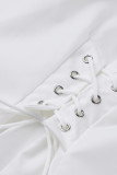 Vestido de camisa branco moda casual atadura sólida com gola virada para baixo