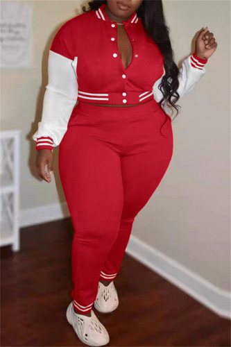 Calça Cardigan Red Fashion Casual Patchwork O Decote Plus Size Duas Peças