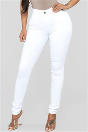 Vit Mode Casual Solid Basic Skinny Denim Jeans med mitten av midjan