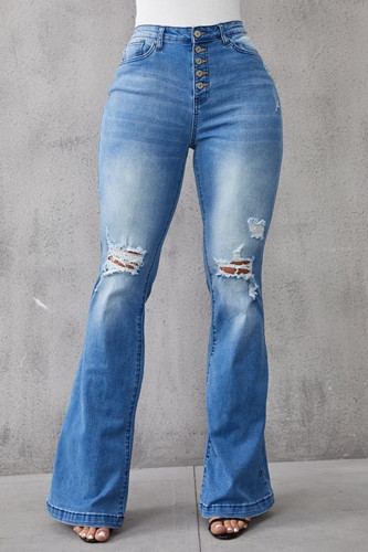 Babyblått Mode Casual Solid Ripped Spänne Hög midja Vanliga denim jeans