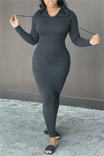 Vestidos de manga comprida com gola com capuz preto moda casual sólido básico