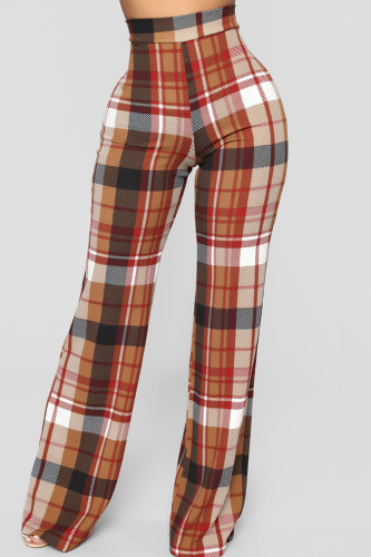 Pantaloni a vita alta regolari di base con stampa scozzese casual alla moda bordeaux