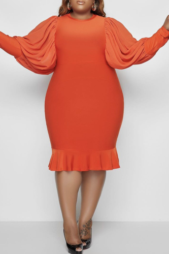 Tangerine Rouge Casual Solide Volant O Cou Taille Jupe Plus La Taille Robes