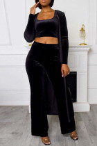 Black Sexy Solid Split Joint U Neck Long Sleeve Three Pieces
