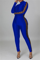 Blå Mode Casual Print Patchwork Skinny Jumpsuits med blixtlåskrage