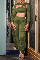 Army Green Sexy Solid Hollowed Out Split Joint Fold Asymmetrical O Neck Long Sleeve Two Pieces