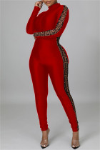 Röd Mode Casual Print Patchwork Skinny Jumpsuits med blixtlåskrage