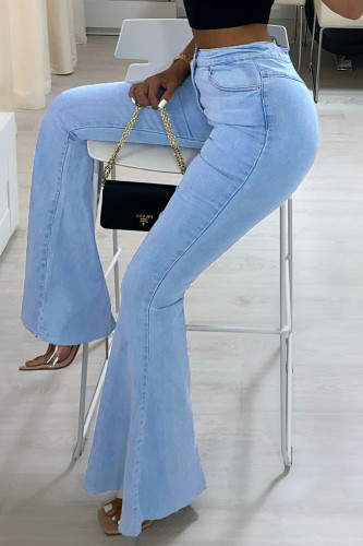 Jeans denim de cintura alta de cintura alta azul bebê Street Solid Split Joint
