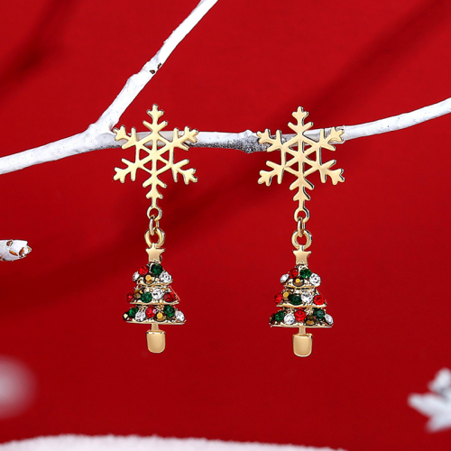 Brincos dourados casuais doces festa flocos de neve árvore de natal impressos juntos divididos