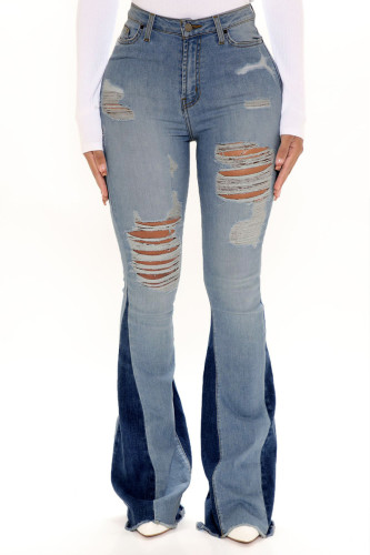 Jeans jeans azul bebê moda casual patchwork rasgado cintura média