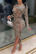 Leopard Print Fashion Sexy Print Leopard Bandage Hollowed Out O Neck Long Sleeve Dresses
