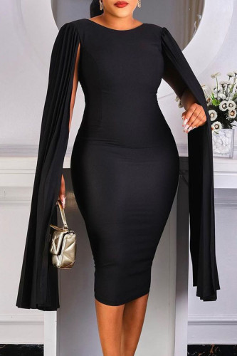Vestidos pretos casuais elegantes sólidos patchwork com dobra assimétrica decote em bico